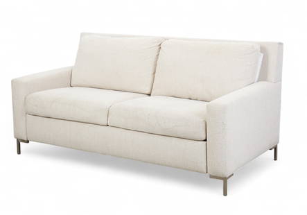 A Modern corduroy upholstered sofa bed with Chrome legs: A Modern corduroy upholstered sofa bed with Chrome legsTwo-seat sofa bed in taupe-beige ribbed corduroy with straight arms, removable back cushions, and chrome legs.height 35&frac12; in. (90.2 cm); wi