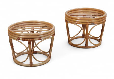 A pair of bamboo stools, contemporary: A pair of bamboo stools, contemporaryEach of circular form with slatted tops and bent bamboo frames joined by decorative loop stretchers.height 14in (36cm); diameter 18in (46cm)