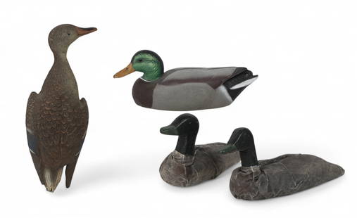 A group of four duck-form decorative objects: A group of four duck-form decorative objectsLargest 7 x 18 1/2 in. (17.8 x 47 cm.)