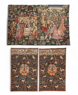 Three French Renaissance style machine made Point de l'Halluin tapestry panels: Three French Renaissance style machine made Point de l'Halluin tapestry panelsTapisseries de FlandresmodernThe largest depicting the Harvest, after a tapestry in the Cluny Museum, and the pair depicti