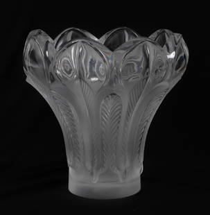 A Lalique clear and frosted glass Esna vase, modern: A Lalique clear and frosted glass Esna vasemodernEtched Lalique ? France.height 8 3/4in (22cm); diameter 9 1/4in (23cm)