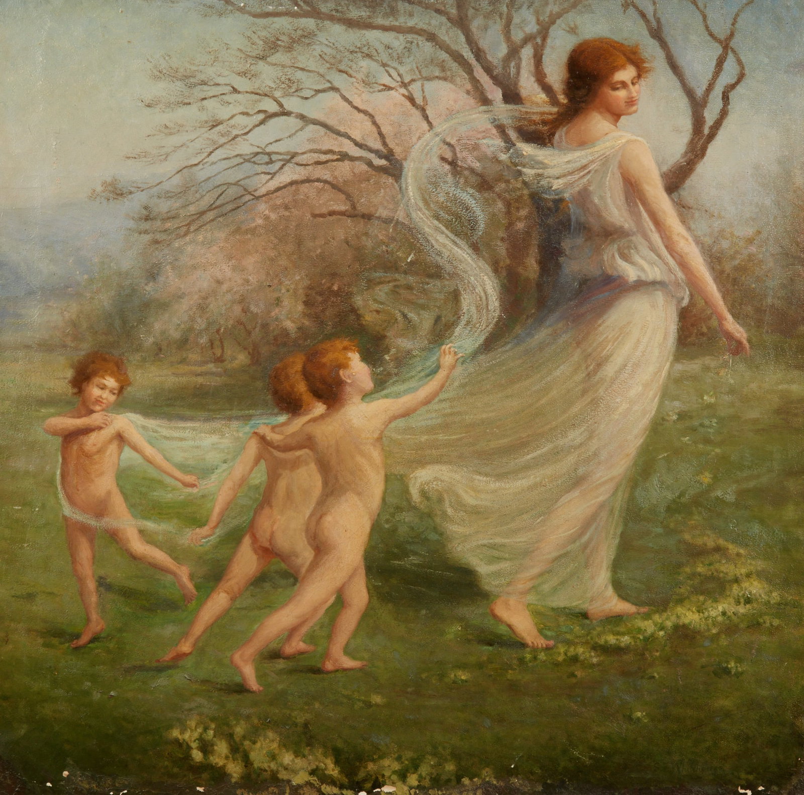 Sarah E Whitehouse (British, fl.1874-1894), Nymph with three cherubs, oil on canvas (1 of 7)