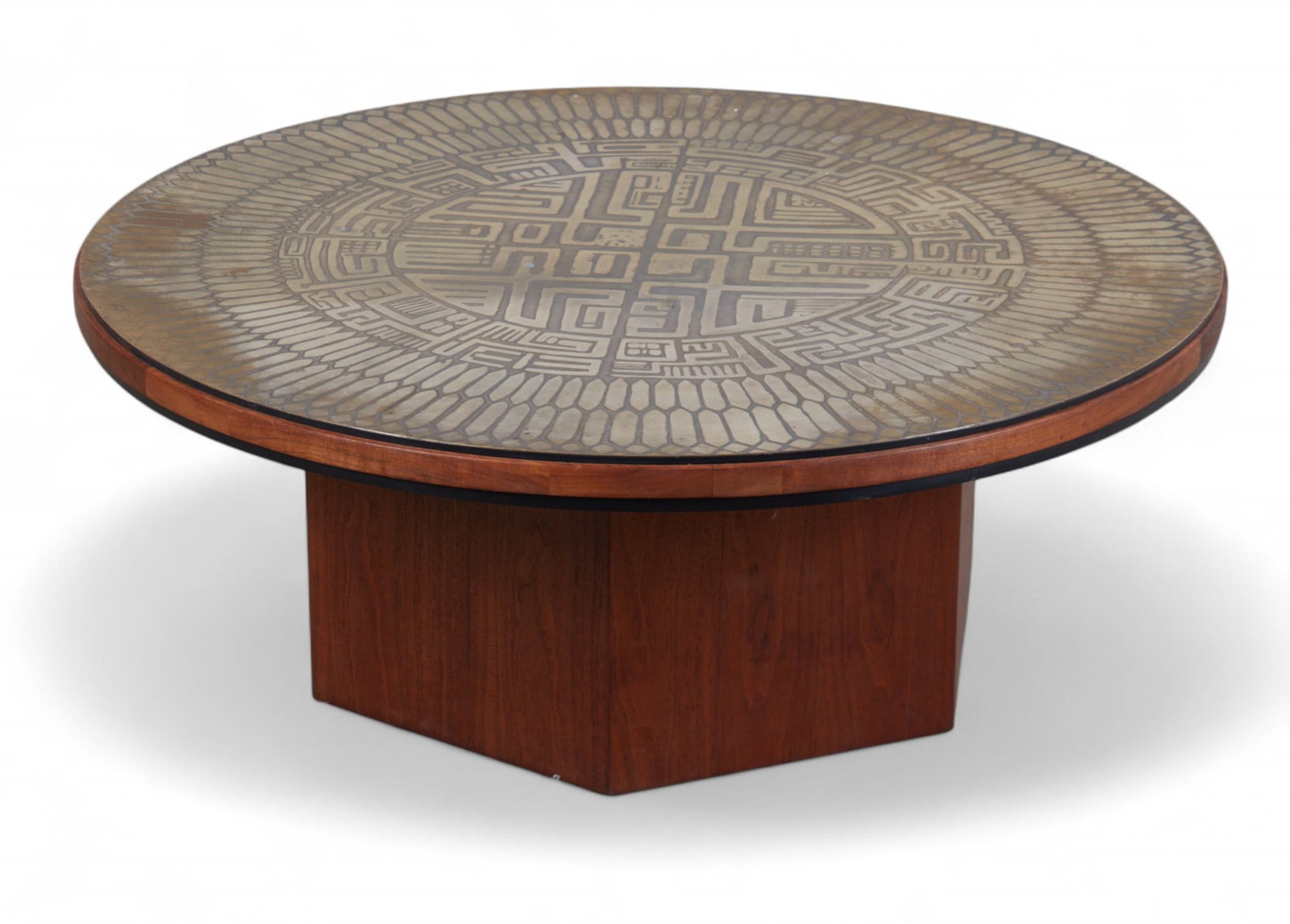A Modernist acid etched brass and walnut circular cocktail table, in the manner of Jules Heumann (1 of 7)