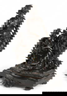 A Louis XVI style patinated bronze figural mantel clock, late 19th century: A Louis XVI style patinated bronze figural mantel clocklate 19th centuryWith twin train striking movement.height 22 1/2in (56cm); width 16in (40cm); depth 9in (22.5cm) Provenance:Property from