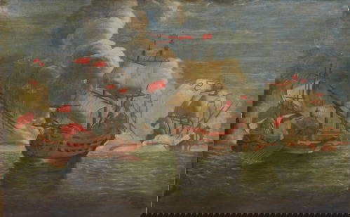 Italian School (18th/19th century), A naval battle between British and Turkish ships, oil on canvas: Italian School(18th/19th century)A naval battle between British and Turkish shipsoil on canvas55 x 88in (88 x 224cm) Provenance:Property from the Collection of Craig Wright.