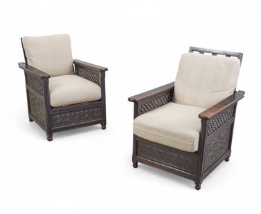 A pair of Near Eastern hardwood and rope adjustable lounge chairs, 20th century: A pair of Near Eastern hardwood and rope adjustable lounge chairs20th centuryheight 35in (89cm); width 26in (66cm); depth of seat 21in (53cm)