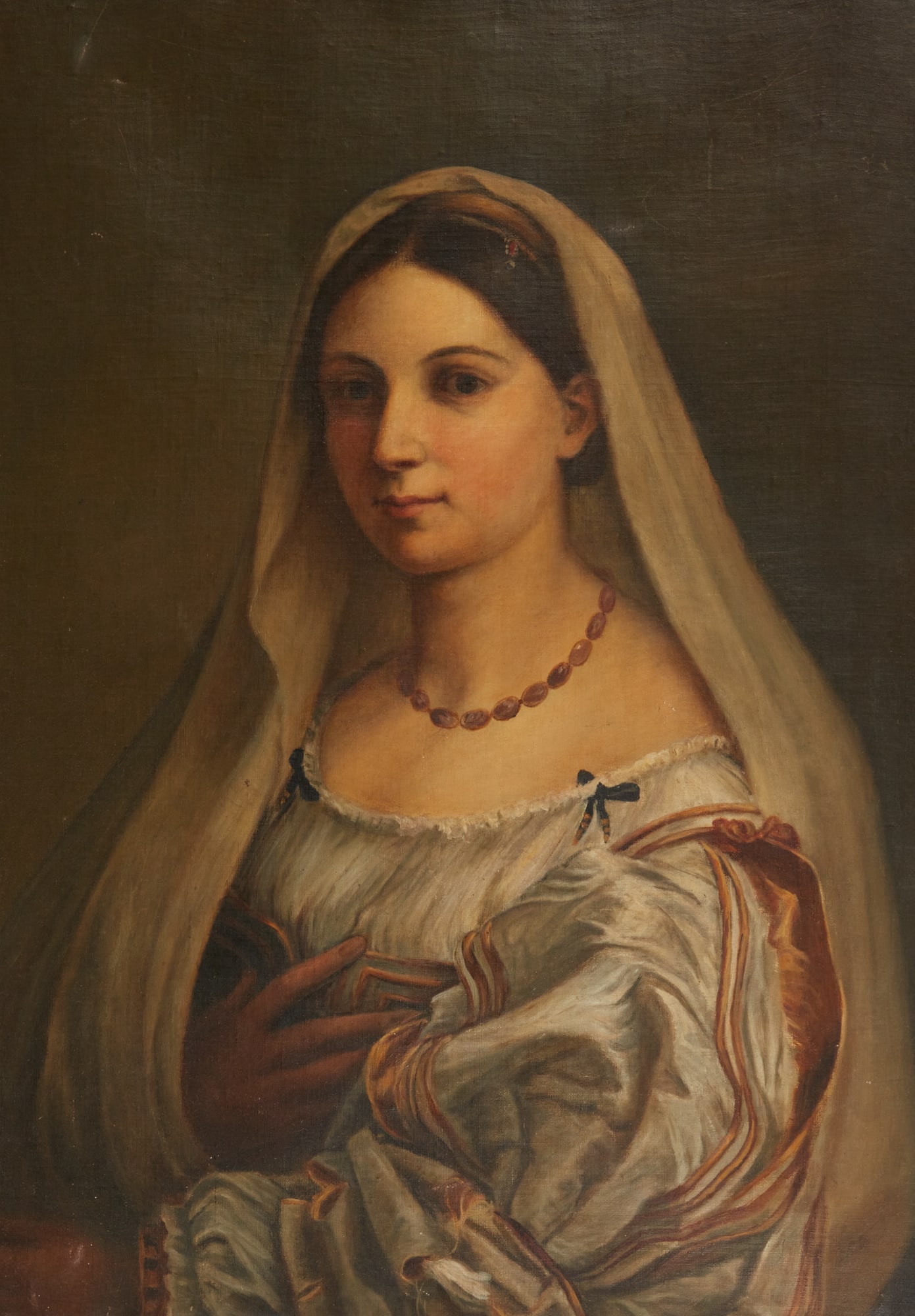 After Raphael Stanze (Italian, 1483-1520), La Velata (Woman in a Veil), oil on canvas: After Raphael Stanze(Italian, 1483-1520)La Velata (Woman in a Veil)oil on canvas34 x 23 in (86 x 59 cm) Provenance:Property from the Private Collection of Larry Bond, Utah.