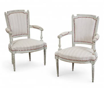 A pair of Louis XVI style white painted armchairs, late 19th century: A pair of Louis XVI style white painted armchairslate 19th century33in (82.5cm); width 22 1/2in (56cm); depth of seat 18in (45cm)