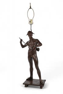 A French patinated bronze figure of a harlequin now as a lamp, after Dubois (1829-1905): A French patinated bronze figure of a harlequin with lute and sword now as a lampafter the model by Paul Dubois (1829-1905)first half 20th centuryBase inscribed P Dubois.figure height 34in (86.5cm); w