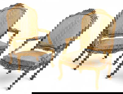 A pair of Louis XV style giltwood fauteuils, 20th century: A pair of Louis XV style giltwood fauteuils20th centuryheight 43 1/4in (108cm); width 29 3/4in (74.5cm); depth of seat 22in (55cm) Provenance:Property from the Private Collection of Larry Bond, Utah.