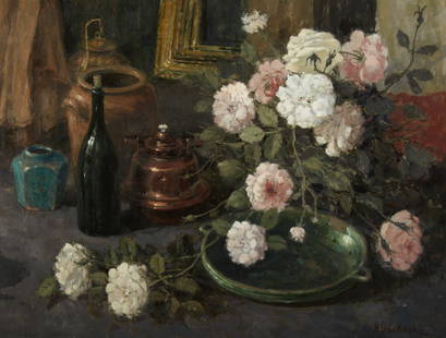 Henri De Korte (Dutch, b. 1941), Still life of roses on a table, oil on canvas: Henri De Korte(Dutch, b. 1941)Still life of roses on a tableoil on canvassigned lower right27 1/2 x 35 1/2in (70 x 90cm)