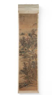A Chinese scroll painting of a mountain landscape: A Chinese scroll painting of a mountain landscapeimage 86 1/4 x 20 3/4in (219 x 53cm) Provenance:Property from the estate of Buddy and Cherry Balaban Robins.
