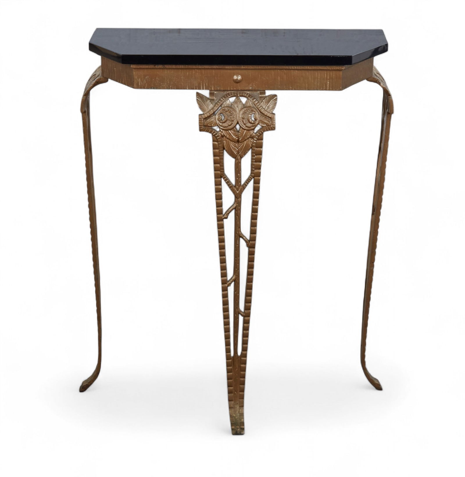 An Art Deco style wrought iron console table, in the manner of Edgar Brandt, late 20th century: An Art Deco style wrought iron console tablein the manner of Edgar Brandtlate 20th centuryheight 31in (79cm); width 25in (63cm); depth 13in (33cm)