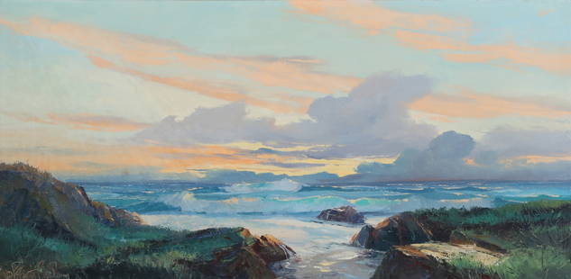 Bennett Schroeder Bradbury (American, 1914-1991), Seascape at sunrise, oil on canvas: Bennett Schroeder Bradbury(American, 1914-1991)Seascape at sunriseoil on canvassigned lower left ?B Schroeder Bradbury15 x 30in (37.5 x 75cm)
