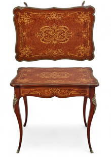 A Louis XV style gilt bronze mounted mixed wood and marquetry center table, post 1950: A Louis XV style gilt bronze mounted mixed wood and marquetry center tablepost 1950height 29 1/2in (74cm); width 31 1/2in (79cm); depth 21 3/4in (54.5cm) Provenance:Property from the Private Collecti
