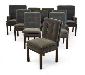 A set of ten Custom Craft green faux mohair upholstered dining chairs, modern: A set of ten Custom Craft green faux mohair upholstered dining chairsmodernComprising two armchairs and eight side chairs.height 40 1/2in (103cm); width 27in (69cm); depth 20in (51cm)