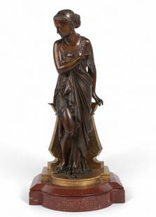 French patinated & gilt bronze model of a Classical Vestal: Penelope, after the model by  Peiffer: A French patinated and gilt bronze model of a Classical Vestal: Penelopeafter the model by Auguste-Joseph Peiffer (French, 1832-1886)late 19th centuryInscribed PEIFFER, on a rouge royal marble base.ov
