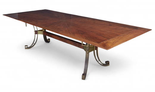 A Modernist brass and teak dining table: A Modernist brass and teak dining tableheight 31 1/2in (80cm); width 119in (302cm); depth 50in (127cm)