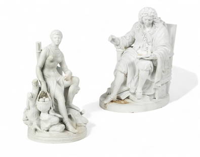 Two Sevres style bisque porcelain figural groups, 20th century: Two Sevres style bisque porcelain figural groups20th centuryComprising a model of dramatist Jean-Baptist Racine (French, 1639-1699), inscribed RACINE to front of base, impressed JK.4.54 to reverse, an