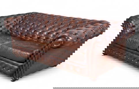 A large brown tufted leather Chesterfield sofa, modern: A large brown tufted leather Chesterfield sofamodernheight 31 1/2in (80cm); width 90in (229cm); depth of seat 26in (66cm)