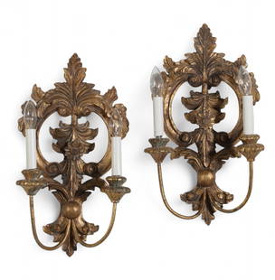 A pair of Neoclassical style giltwood and gilt metal two light wall sconces, modern: A pair of Neoclassical style giltwood and gilt metal two light wall sconcesmodernheight 19in (47.5cm); width 10in (25.5cm); depth 5 1/2in (14cm)