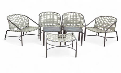 A seven piece Tadao Inouye for Brown Jordan patinated metal Kantan patio suite, mid-20th century: A seven piece Tadao Inouye for Brown Jordan patinated metal Kantan patio suitemid-20th centuryComprising four chairs, an ottoman and two convertible side table/stools, chairs and ottoman with maker's