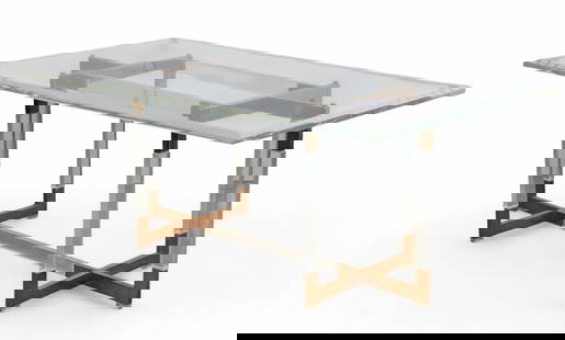 A Charles Hollis Jones brass mounted lucite Metric dining table, third quarter 20th century: A Charles Hollis Jones brass mounted lucite Metric dining tablethird quarter 20th centuryheight 30in (76cm); width 72in (183cm); depth 42in (107cm)
