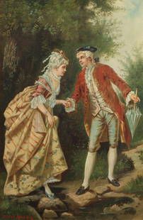 Victor Moran (American, 1904-1976), Courting couple, oil on canvas, 24 x 16in (60 x 40cm): Victor Moran(American, 1904-1976)Courting coupleoil on canvassigned lower left Victor Moran24 x 16in (60 x 40cm)