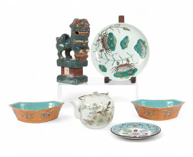 A six piece group of Chinese porcelain, ceramic and enamel tablewares: A six piece group of Chinese porcelain, ceramic and enamel tablewaresComprising a temple lion censer, a pair of fan form bowls, a teapot, a dish and an enamel plate, some variously marked to underside