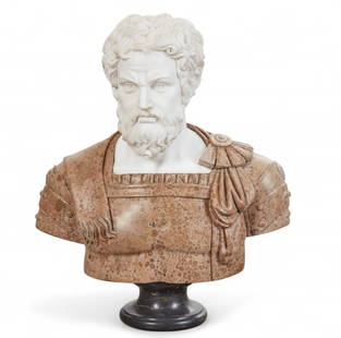 A Classical style carved white and breccia marble bust of Marcus Aurelius, modern: A Classical style carved white and breccia marble bust of Marcus AureliusmodernOn a black marble socle.height 29 1/2in (74cm); width 25in (62.5cm); depth 10in (25.5cm) Provenance:Property from