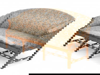 A George III style carved mahogany settee, modern: A George III style carved mahogany setteemodernheight 39in (97.5cm); width 85in (212.5cm); depth of seat 21in (52.5cm) Provenance:Property from a Private Collection, Malibu, CA.