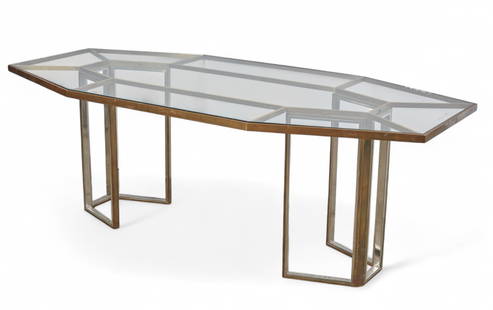 A Modernist brass, chrome metal and glass dining table, in the manner of Romeo Rega: A Modernist brass, chrome metal and glass dining tablein the manner of Romeo Regamid 20th centuryheight 28 3/4in (73cm); width 83in (211cm); depth 39in (99cm) Provenance:Property from the collection o