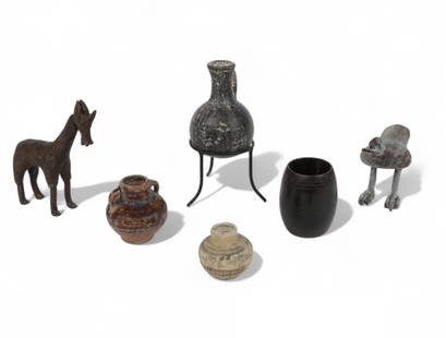A collection of five miniature ceramic and metal artifacts: A collection of five miniature ceramic and metal artifactsComprising a jug on metal tripod stand, a double handled jar, a Thai Sawankhalok jarlet, a bronze model of a bird, and a bronze model of a gir