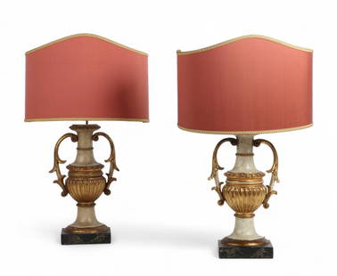 A pair of Italian Neoclassical style parcel gilt, cream painted and faux marble lamps, 20th century: A pair of Italian Neoclassical style parcel gilt, cream painted and faux marble lamps20th centuryoverall height 30 1/2in (77cm); width 19 1/2in (50cm); depth 12 1/2in (32cm) Provenance:Property from t