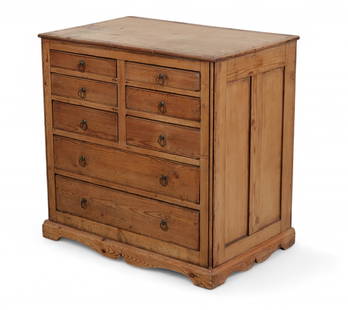 An English pine chest of eight drawers, 19th century: An English pine chest of eight drawers19th centuryheight 31 3/4in (79.5cm); width 32 1/2in (81cm); depth 21in (52.5cm) Provenance:Property from a Private Collection, Malibu, CA.