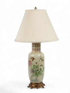 A Chinese enameled porcelain vase with birds and flowers as a lamp: A Chinese enameled porcelain vase with birds and flowers and calligraphic decoration mounted as a lampheight to rim 19 1/4in (49cm); diameter 6 1/4in (16cm) Provenance:Property of a Private Hidden Hil