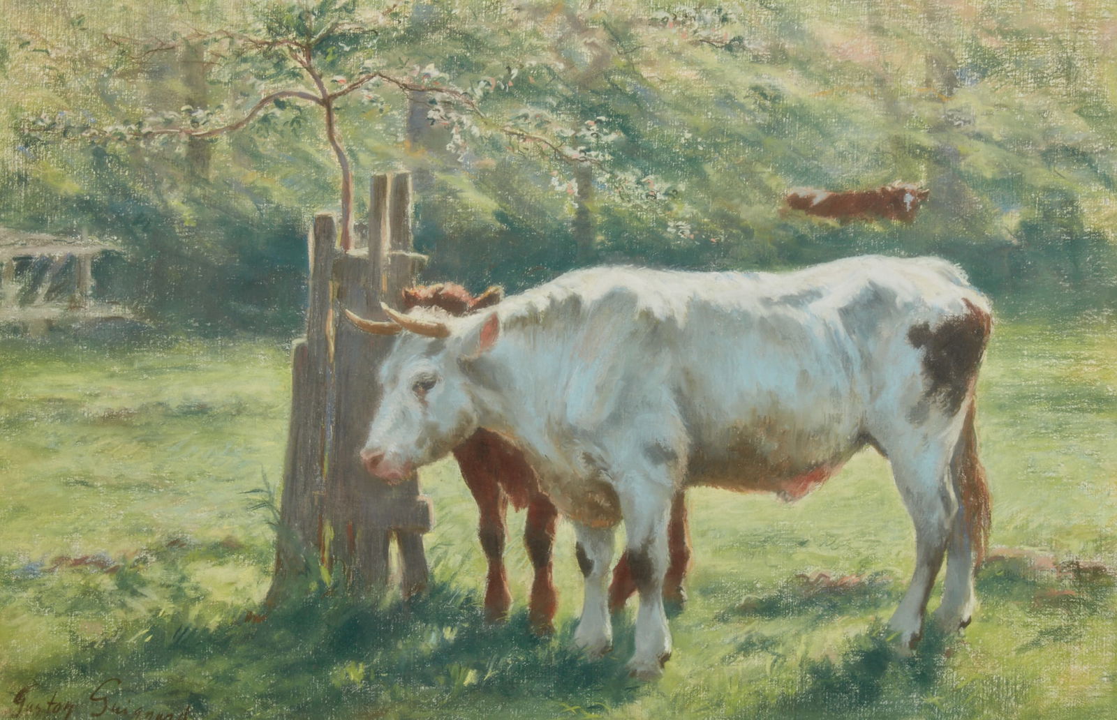 Alexandre Gaston Guignard (French, 1848-1922), Grazing cows, pastel on canvas (1 of 5)