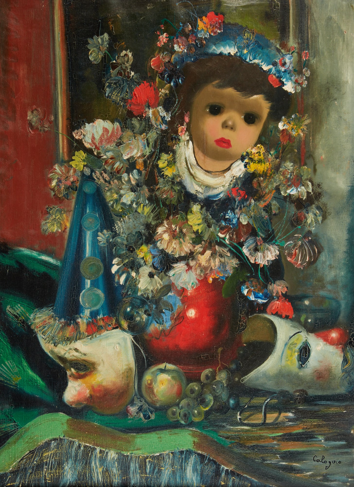 Jean Calogero (Italian, 1922-2001), Young girl with clown masks, oil on canvas: Jean Calogero (Italian, 1922-2001) Young girl with clown masks oil on canvas signed lower right Calogero 28 3/4 x 21 1/2in (72 x 54cm)