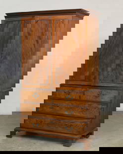 A George III mahogany linen press, late 18th century: A George III mahogany linen presslate 18th centuryThe upper case with a pair of doors enclosing linen slides.height 82in (208.5cm); width 49in (124.5cm); depth 21in (53cm)