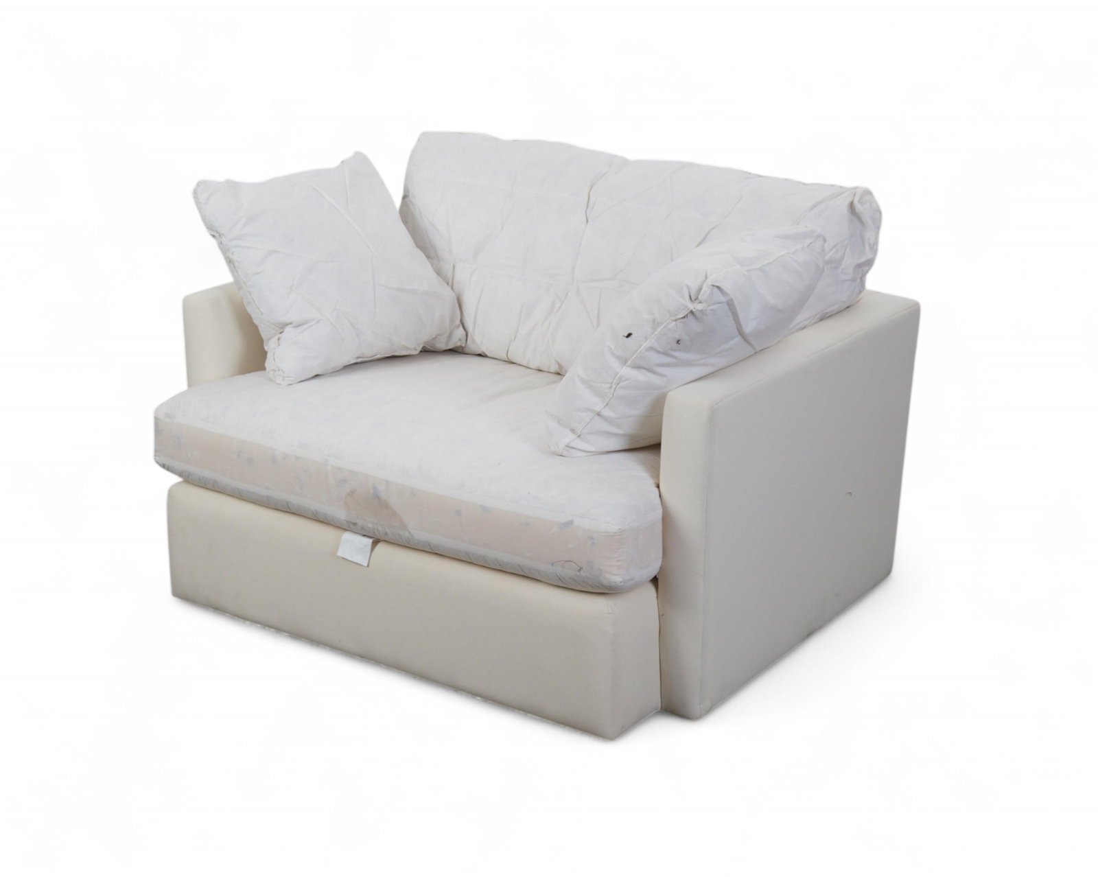An oversized armchair with slipcover, Contemporary: An oversized armchair with slipcover Contemporary Currently fitted with a removable blue slipcover. Original upholstery in white linen or linen blen height 18in (45.7cm); width 41in (104cm); depth 30 
