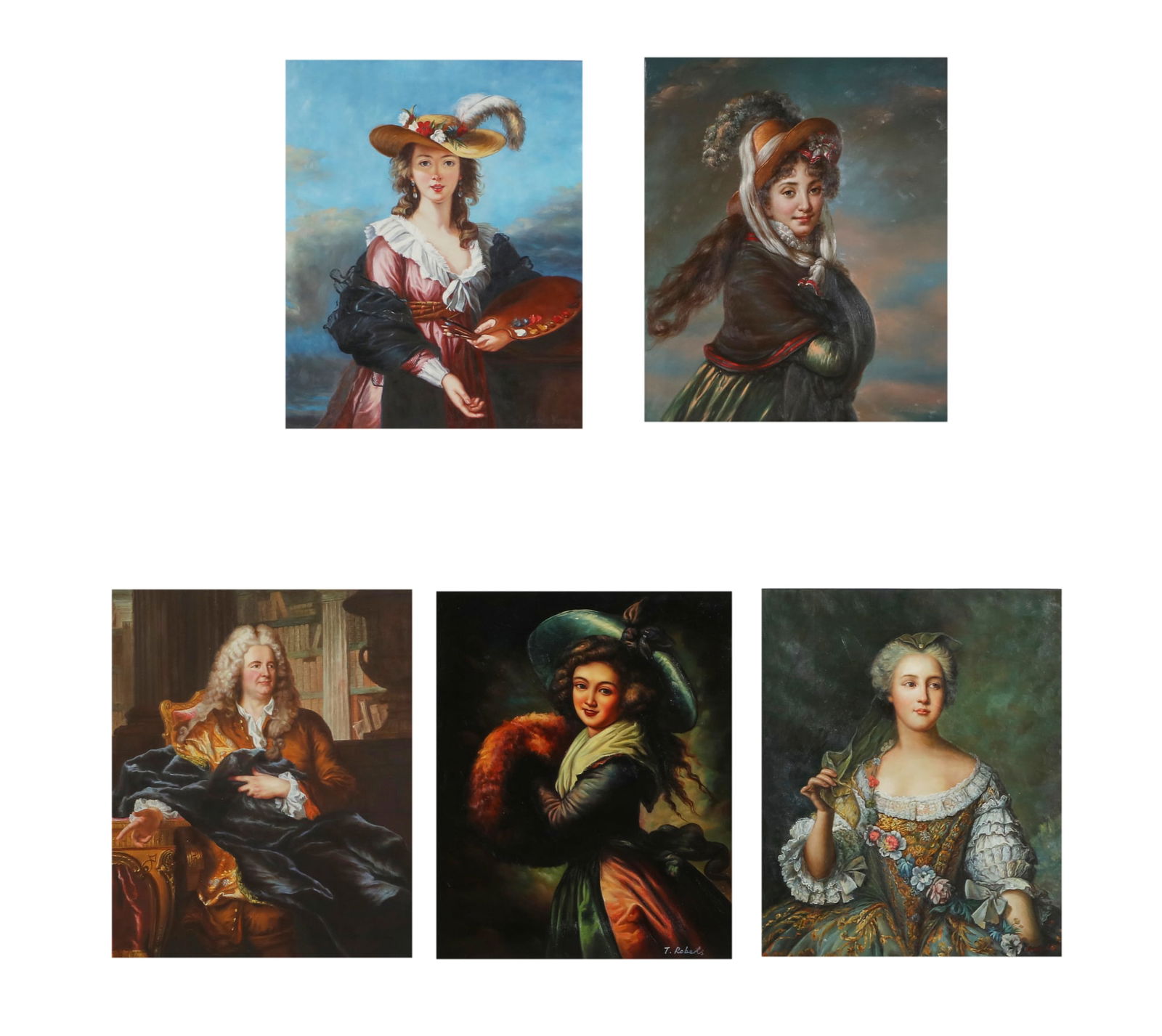 Five contemporary reproductions of 18th century portrait paintings, modern: Five contemporary reproductions of 18th century portrait paintings modern Comprising Madame Sophie of France, after Jean-Marc Nattier (1685-1766); Antoine Paris, after Hyacinthe Rigaud (1659-1743); a