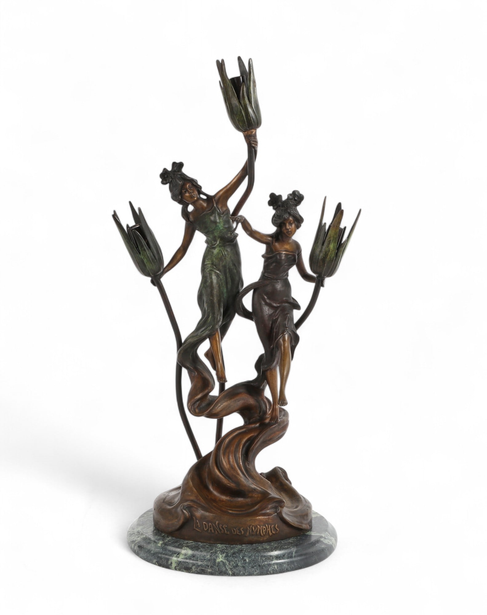 An Art Nouveau style patinated bronze figural lamp: La Danes des Nymphes, after the model by Auguste (1 of 4)