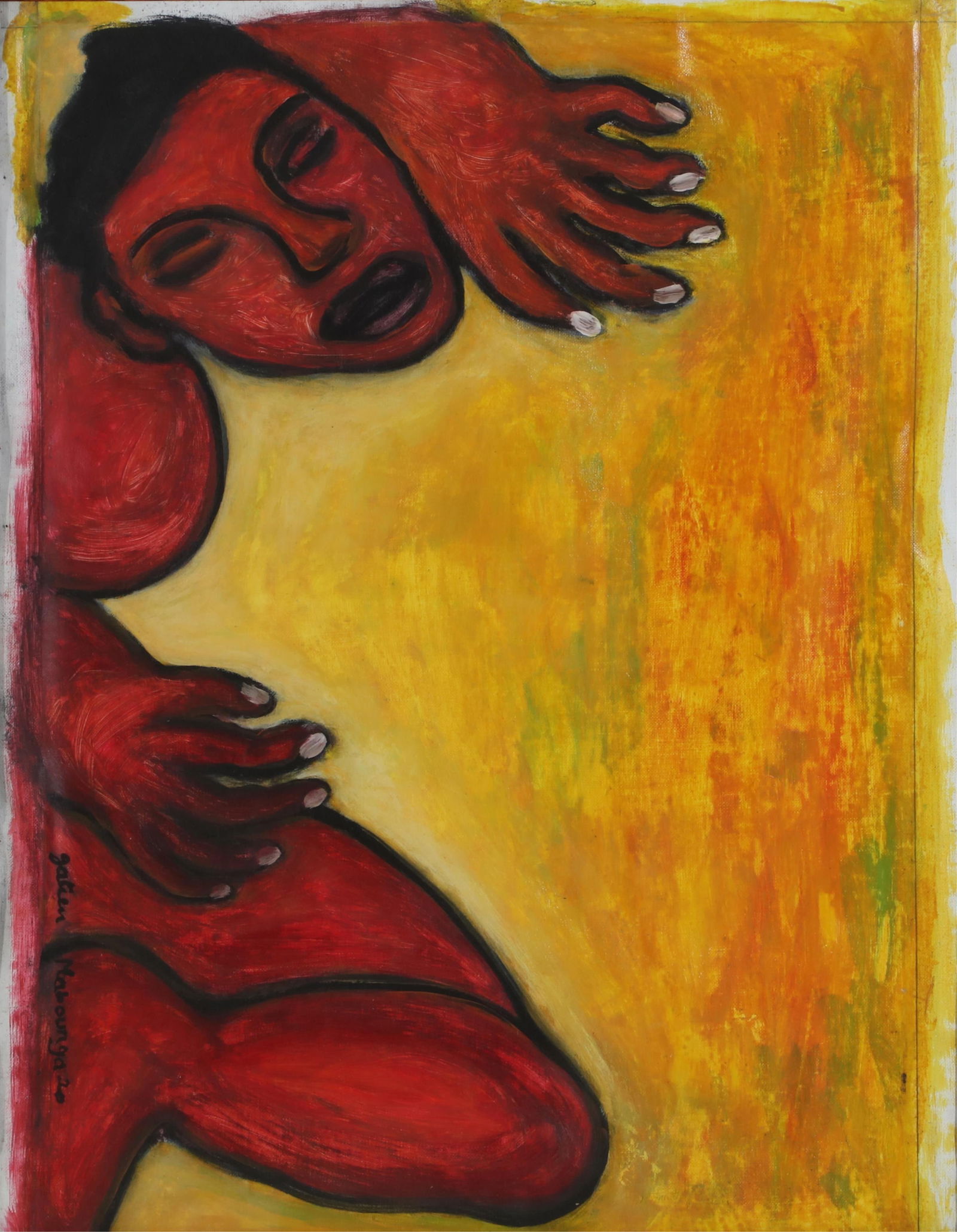 Gatien Mabounga (Congolese, b. 1964), Red figure, mixed media on canvas, 21 1/2 x 27 1/2in (55 x (1 of 4)