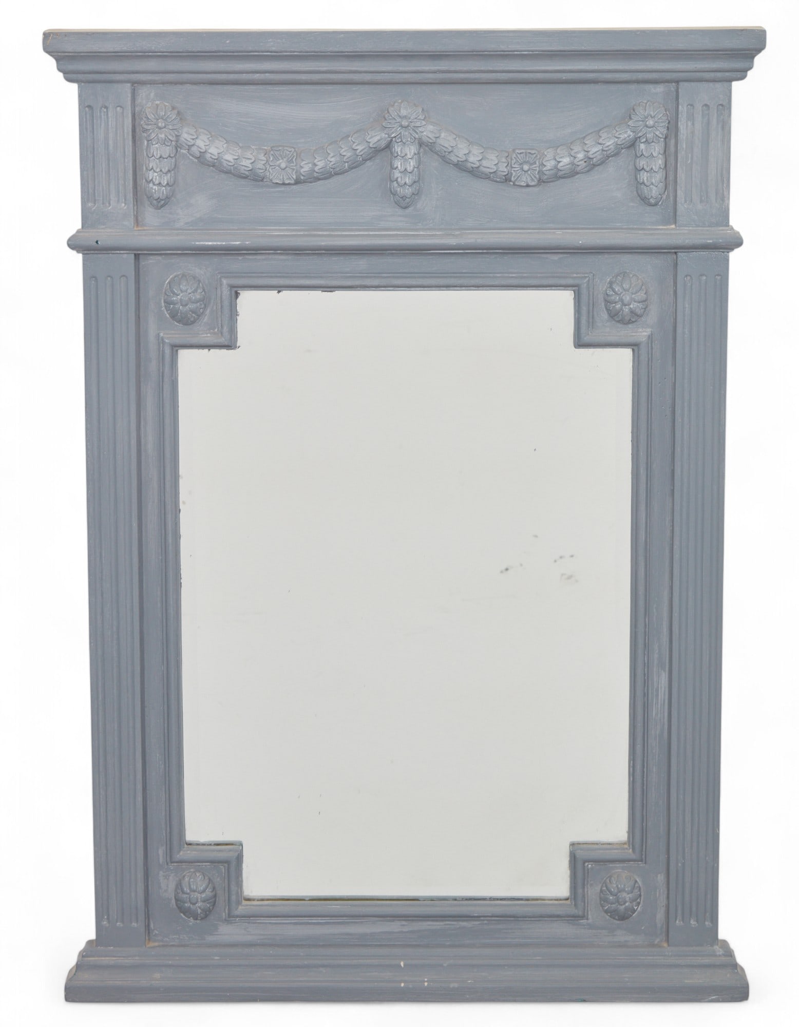 A blue painted wall mirror: A blue painted wall mirror height 46 x width 32 in. (116.8 x 81.3 cm.)