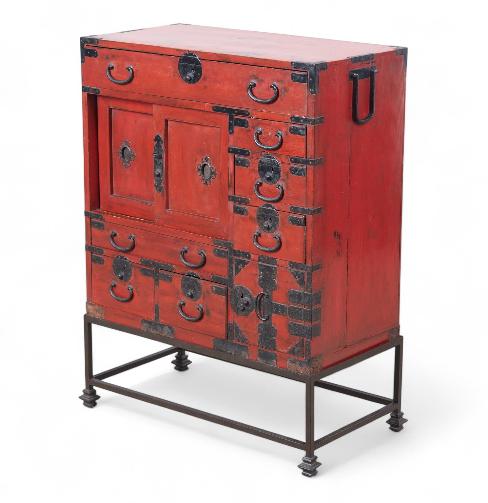 A Chinese metal mounted red lacquered chest on stand (1 of 8)