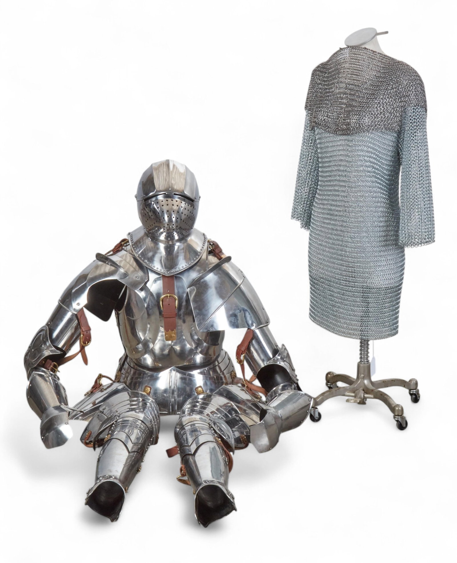 A Medieval style brass and leather mounted suit of armour, modern (1 of 18)