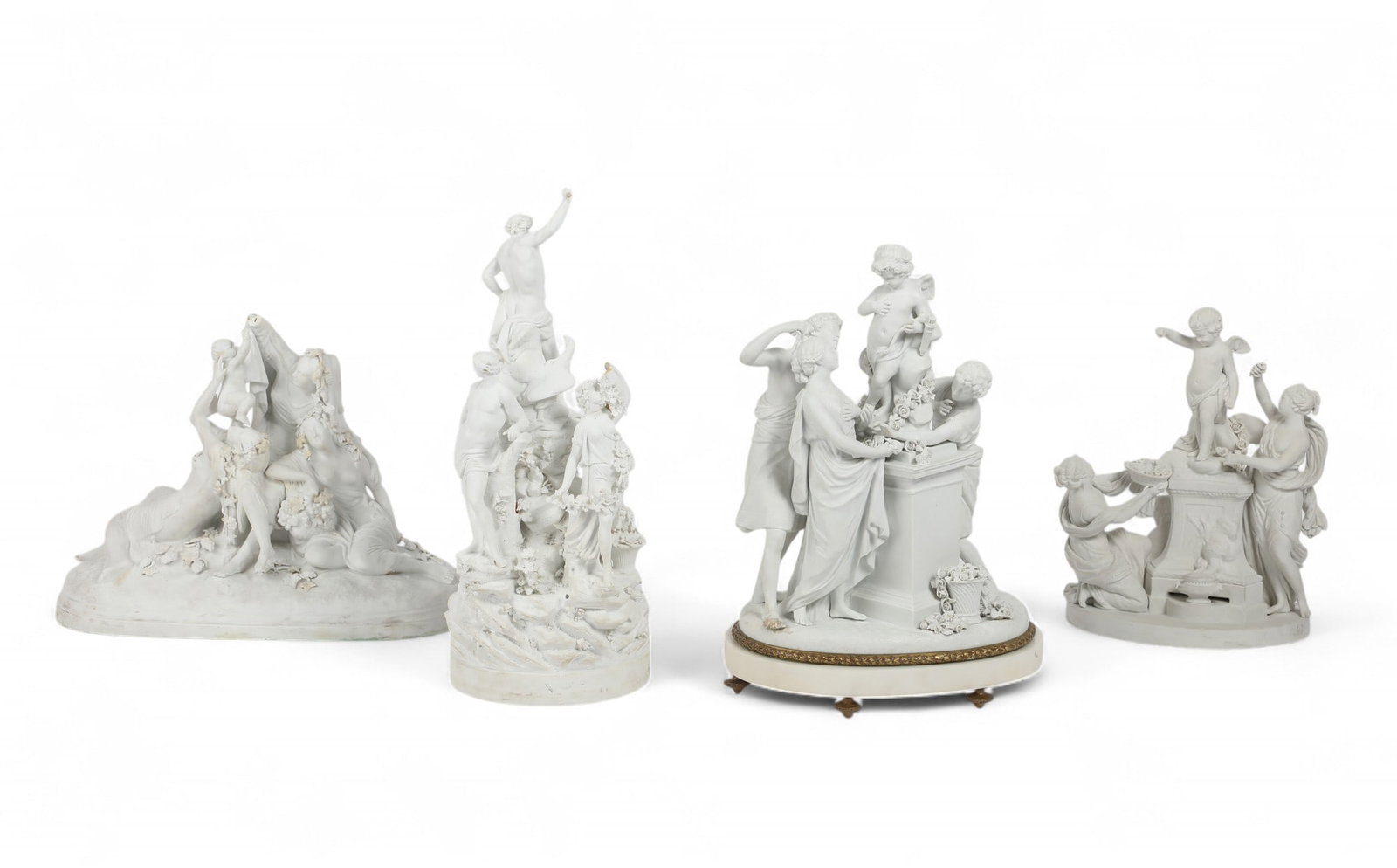 Four bisque porcelain allegorical figural groups, Sevres and other makers, 20th century: Four bisque porcelain allegorical figural groupsSevres and other makers20th centuryIncluding a Sevres figural group depicting Cupid flanked by two maidens emblematic of Love, incised interlaced Ls and