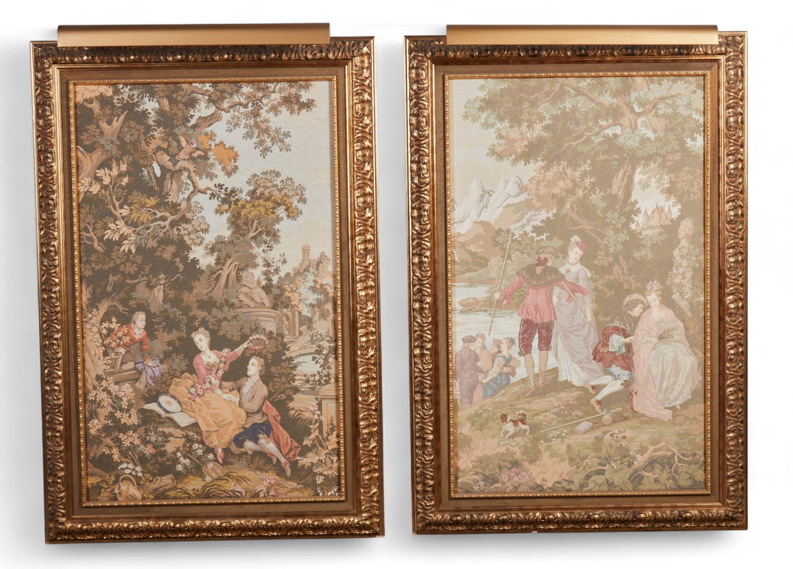 A pair of landscape scenery tapestries in giltwood frame: A pair of landscape scenery tapestries in giltwood frame58 x 40 in. (147.3 x 101.6 cm.)