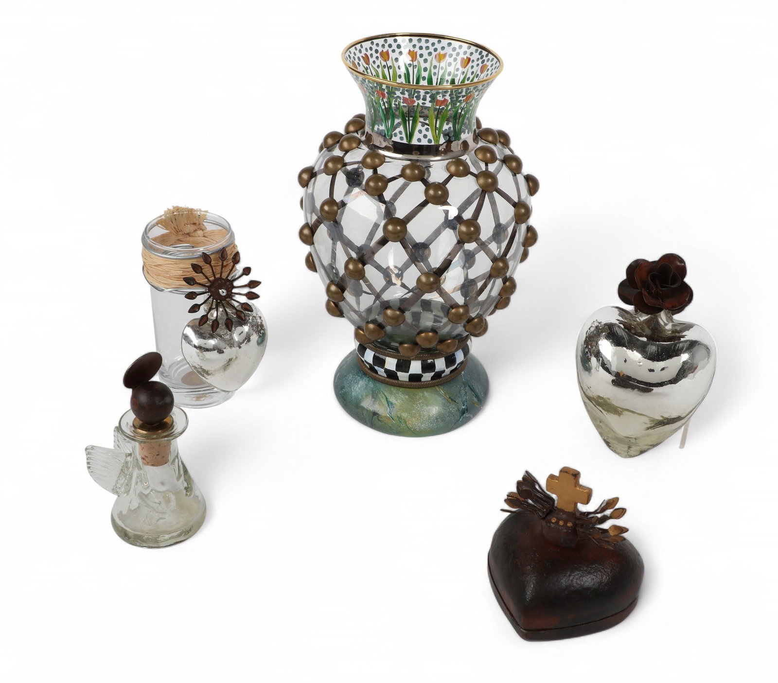 A four piece group of Jan Barboglio glass and oxidized metal tablewares and a Mackenzie Childs brass (1 of 4)