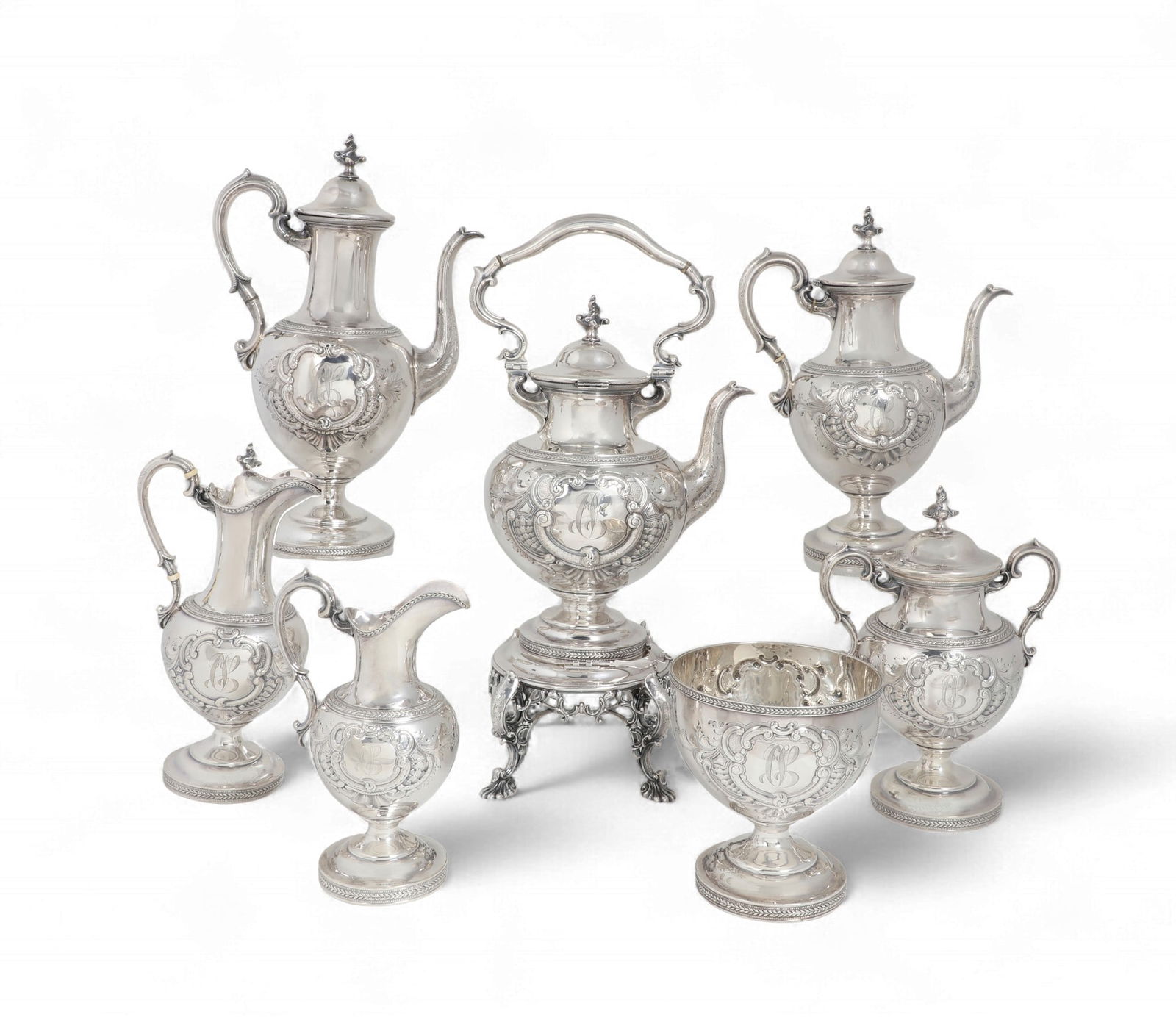 A seven piece American silver tea and coffee service, William Forbes for Ball, Black & Co (1 of 9)